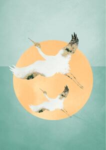 Ilustrație Mint Green Sun, Aureous Cranes