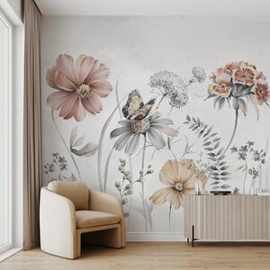 Tapet Flori delicate mari și plante cu fluture, Fototapet Acuarelă, w07905v1 : Uwalls.ro