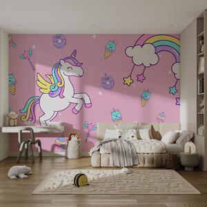 Tapet unicorn, curcubeu pe un fundal roz, Fototapet Pentru Copii, Fototapet Unicorni, w08102 : Uwalls.ro