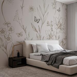 Tapet Boho Monochrome Flori și fluturi în culoarea bej, Fototapet Animale, Fototapet Fluturi, w08088v1 : Uwalls.ro