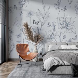 Tapet Boho Monochrome Flori și fluturi în albastru, Fototapet Animale, Fototapet Fluturi, w08088v2 : Uwalls.ro