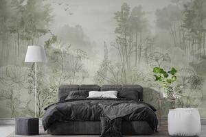 Fototapet Pădure cețoasă cu copaci și păsări, Fototapet natură, Fototapet populare, w08142v1 - Tapeko.ro