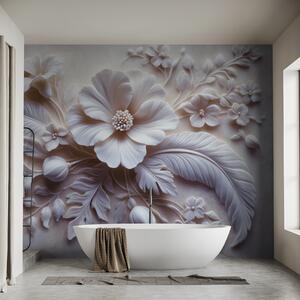 Tapet artă de perete 3D în relief cu pene și flori, cu un mac mare în culori roz deschis, Fototapet 3D, Fototapet 3D Flori, w01340v1 : Uwalls.ro
