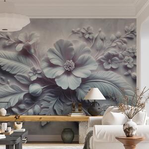 Tapet artă de perete în relief 3D cu pene și flori, cu un mac mare în culori albastru deschis, Fototapet 3D, Fototapet 3D Flori, w01340v2 : Uwalls.ro