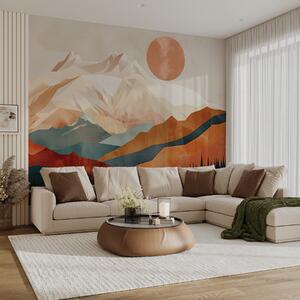 Tapet Boho Bliss: un peisaj senin de munți, copaci și soare, Fototapet panoramic, w01358 : Uwalls.ro