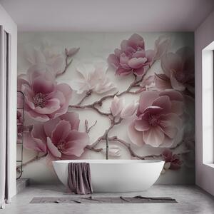 Tapet Flori de magnolie roz în relief pe o ramură grațioasă, Fototapet Flori, w01359v2 : Uwalls.ro