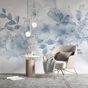 Tapet Model floral blând, estompat, în nuanțe de gri și alb, cu flori și frunze delicate, Fototapet Flori, w08189 : Uwalls.ro