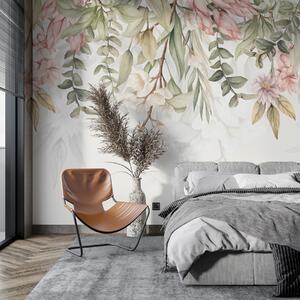 Tapet Flori delicate roz și albe cu frunze și tulpini verzi pe un fundal deschis, Fototapet Flori, w08222 : Uwalls.ro
