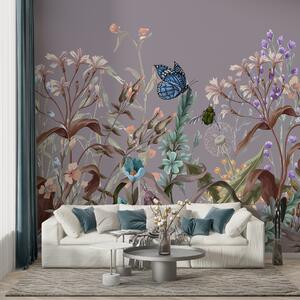 Tapet O ilustrație violetă colorată a unei scene luxuriante de grădină cu flori și, Fototapet Animale, Fototapet Fluturi, w08234v1 : Uwalls.ro