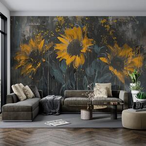 Tapet Pictură abstractă de floarea soarelui, un fundal gri închis și tonuri de galben, Fototapet Flori, Fototapet Flori Mari, w01480 : Uwalls.ro