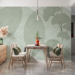 Tapet Frunze mari de ginkgo și geometrie de culoare verde, Fototapet 3D, Fototapet 3D Frunze, w01465v2 : Uwalls.ro