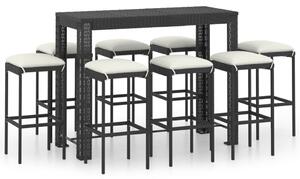 Set mobilier bar de grădină cu perne, 9 piese, negru, poliratan