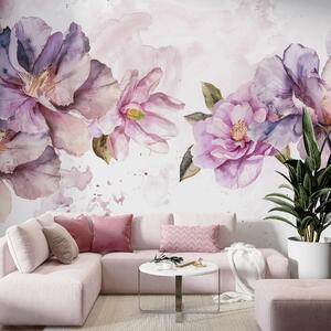 Tapet Flori delicate de acuarelă roz și violet cu petale moi și frunze verzi pe un fundal deschis, Fototapet Flori, w08238 : Uwalls.ro