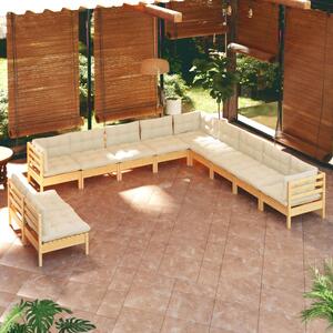 Set mobilier grădină cu perne crem, 11 piese, lemn masiv de pin