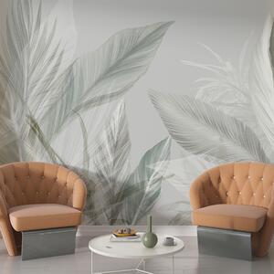 Tapet Pene moi albe, verzi și gri și frunze tropicale care plutesc pe un fundal deschis, Fototapet Natură, w08241 : Uwalls.ro