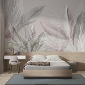 Tapet Pene moi albe, roz și gri și frunze tropicale care plutesc pe un fundal deschis, Fototapet Natură, Fototapet Frunze, w08241v1 : Uwalls.ro