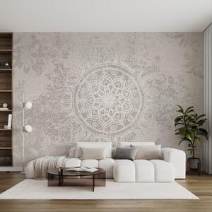 Tapet Un model de mandala alb detaliat pe un fundal vintage cu textura gri deschis, Fototapet în stil oriental, w08246 : Uwalls.ro