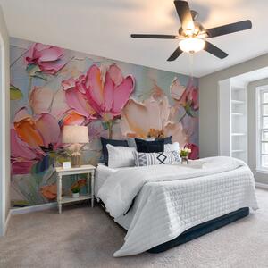 Tapet Flori roz strălucitoare pe un fundal gri albastru deschis, Fototapet 3D, Fototapet 3D Flori, w01039 : Uwalls.ro