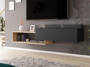 Comodă TV Pinos, Stejar Wotan, Negru, PAL laminat, 48x210x35cm, 29 kg