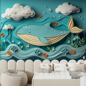 Tapet Balenă jucăușă în nori în stil tăiat pe hârtie, efect 3D, Fototapet Marea, w01496 : Uwalls.ro