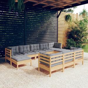 Set mobilier grădină cu perne, 10 piese, gri, lemn masiv pin