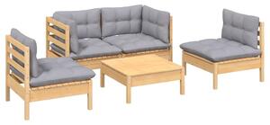 Set mobilier de grădină cu perne gri, 5 piese, lemn masiv pin