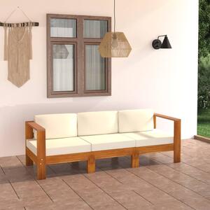 Canapea grădină cu 3 locuri, perne alb/crem, lemn masiv acacia