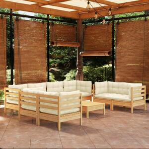 Set mobilier grădină cu perne crem, 9 piese, lemn masiv de pin