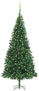 Brad Crăciun pre-iluminat, set globuri/LEd-uri, verde, 300 cm
