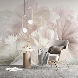 Tapet Frunze delicate de lotus roz cu flori albe cu petale moi, cu pene, aranjate într-o, Fototapet 3D, Fototapet 3D Flori, w08265v1 : Uwalls.ro