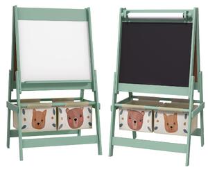 Tablă pentru copii 3 în 1 AIYAPLAY cu 2 containere, șevalet de artă din lemn pentru copii 3-8 ani, 54x46,5x93cm, de culoare verde | Aosom Romania
