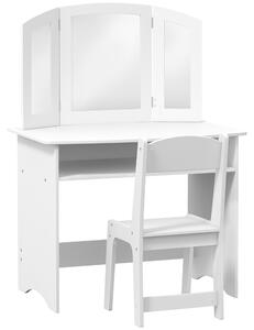 AIYAPLAY Set de Machiaj pentru Fetițe de 3-6 ani cu Oglindă Triplă Detașabilă și Scaun din Lemn, 80x49x108 cm, Alb | Aosom Romania
