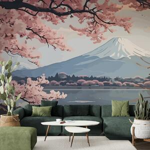 Tapet Sakura, munți, acuarelă, Fototapet Natură, w01664 : Uwalls.ro