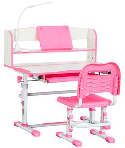 HOMCOM Birou Copii 6-12 Ani, Reglabile pe Înălțime cu Blat Înclinabil la 45°, cu Bancă și Scaun, 80x54,5x82-104 cm, Roz | Aosom Romania