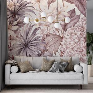 Tapet Un imprimeu floral tropical cu flori mari albe și roz deschis, frunze bordo și un fundal neutru, Fototapet Flori, w08318v1 : Uwalls.ro