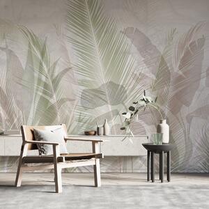 Tapet Frunze de palmier tropical în culori pastelate moi, cu un fundal cu textură, Fototapet Natură, Fototapet Foi de palmier, w08326 : Uwalls.ro