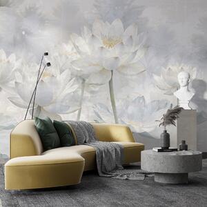 Tapet Flori albe de lotus într-un fundal cețos, eteric abstract pastel peisaj, Fototapet Acuarelă, w08328 : Uwalls.ro