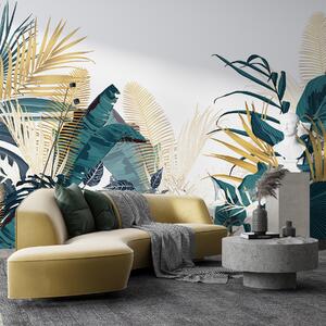 Tapet Un frunziș tropical verde luxuriant, inclusiv frunze de palmier, ferigi și alte plante exotice în, Fototapet Natură, w08338 : Uwalls.ro