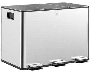 HOMCOM Coș de Gunoi cu 3 Compartimente de 20L, Cu Pedală, Capace cu Închidere Silențioasă, Oțel Inoxidabil și PP, 61,9x36,6x56,7 cm, Argintiu | Aosom Romania