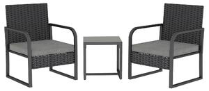 Outsunny Set de Grădină 3 Piese din Rattan PE și Oțel, Set cu 2 Fotolii cu Perne Lavabile și Măsuță de Cafea cu Blat din Sticlă, Set de Mobilier pentru Balcon, Terasă sau Curte, Gri Închis și Negru | Aosom Romania