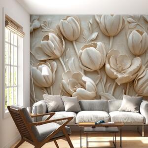 Tapet artă florală 3D cu lalele grațioase în culoarea bej, Fototapet 3D, Fototapet 3D Flori, w01851 : Uwalls.ro