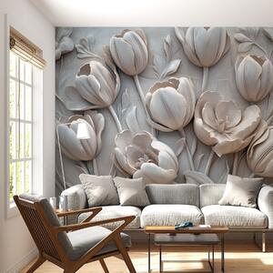 Tapet artă florală 3D cu lalele grațioase în culoarea gri, Fototapet 3D, Fototapet 3D Flori, w01851v1 : Uwalls.ro
