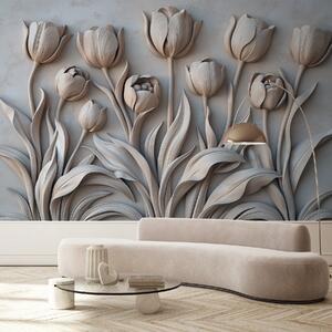 Tapet Artă florală cu lalele frumoase într-o paletă de culori gri, Fototapet 3D, Fototapet 3D Flori, w01852v1 : Uwalls.ro