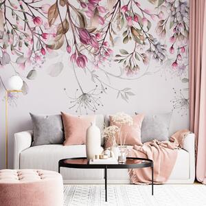 Tapet Delicate ramuri florale roz și alb cu frunze și petale, pe fundal gri pastel, Fototapet Flori, w08347 : Uwalls.ro