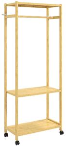 HOMCOM Cuier de Podea cu Bară și 4 Roți, Economisire Spațiu, Cuier din Bambus cu Rafturi Inferioare, pentru Dormitor, Hol, 70x35x175 cm, Lemn Natural | Aosom Romania