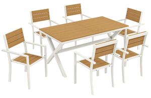 Outsunny Set Masă și Scaune de Grădină 7 Piese, Set Prânz Exterior din Aluminiu cu 6 Scaune Stivuibile, Masă cu Șipci Imitatie Lemn, pentru Terasă, Balcon, Patio, Teak | Aosom Romania