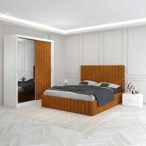Set Mobila De Dormitor Luca Caramiziu, pat tapitat 160x200cm, dulap cu oglinda 150x210cm, noptiere