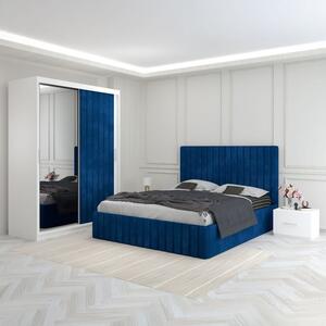 Set Mobila De Dormitor Luca Albastru, pat tapitat 160x200cm, dulap cu oglinda 150x210cm, noptiere