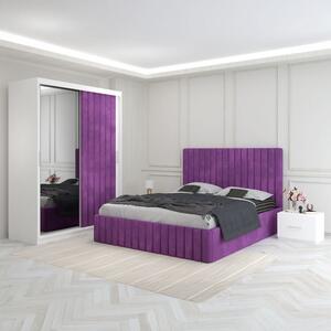 Set Mobila De Dormitor Luca Mov, pat tapitat 160x200cm, dulap cu oglinda 150x210cm, noptiere