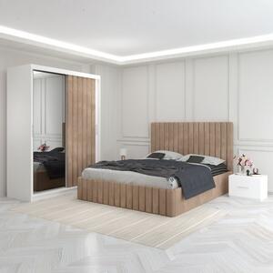 Set Mobila De Dormitor Luca Crem, pat tapitat 160x200cm, dulap cu oglinda 150x210cm, noptiere